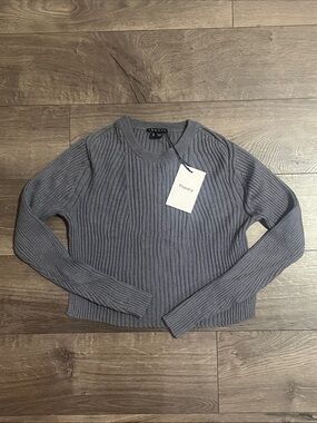Theory Alpaca Silk Blend Ribbed Long-Sleeve Cropped Gray Crewneck Sweater